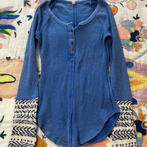 Free People Blue Thermal Top with Patterned Sleeve
